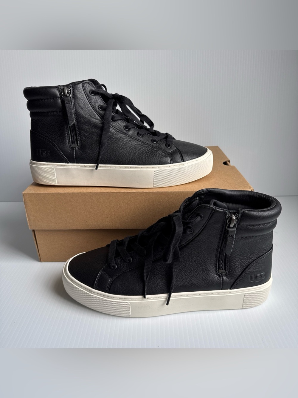 NIB UGG Olli Black Leather High-Top Zippered Sneakers Shoes Women’s Size 9.5